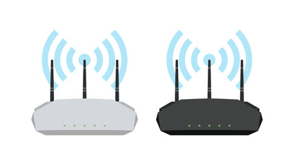 Black and White Modem Wi-Fi Router with Wifi signal. Wireless Internet Router Icon, Symbol and Signal Illustration.