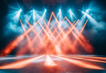 Sticker - A stage with crisscrossing spotlights in motion, creating a web of light beams that dance across the floor, capturing the anticipation of a live performance