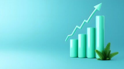 Poster - Green bar graph with upward arrow on turquoise background symbolizing business growth and financial success.