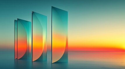 Canvas Print - Three glass panels stand tall, reflecting a vibrant sunset over a calm ocean.