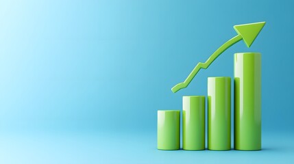 Green bar graph with upward trend arrow on blue background symbolizing growth, investment, and financial success.