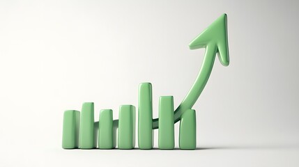 Green upward arrow and bar graph depicting business growth and financial success on a neutral background, symbolizing progress.