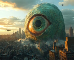 Sticker - A giant eye is in the middle of a city with a helicopter flying above it