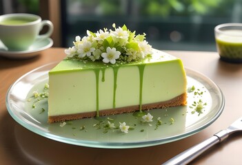  A slice of green tea cheesecake with a smooth, creamy texture and a light green color. The cake is garnished with small white flowers or petals, likely matcha or green tea flavored. 