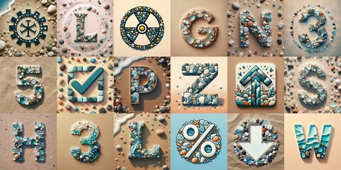 Wall Mural - Sea pebbles on the sand background Lettering Typeface. AI generated illustration