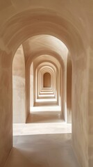 Poster - Repeated archways create a captivating perspective in a softly illuminated, tranquil corridor