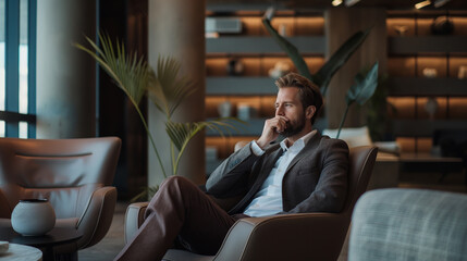 a businessman taking a brief break in a modern office lounge area, sipping coffee while seated in a comfortable chair. The environment is relaxed yet stylish, with soft lighting 