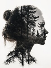 Sticker - A woman's face is shown in a forest, with trees surrounding her