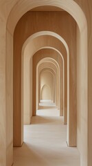 Aufkleber - A corridor lined with smooth wooden arches invites light, enhancing the serene and spacious atmosphere