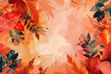 Wall Mural - A vibrant orange background features a beautiful arrangement of leaves and flowers