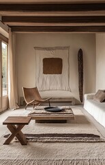 Wall Mural - A living room with a white couch and a brown chair