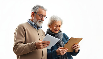 senior couple read a document from envelope and use cellphone together isolated with white highlights, png