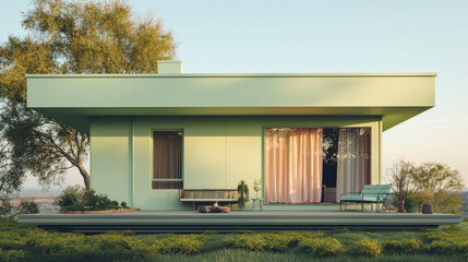 Wall Mural - A pastel green house with a minimalist front porch clean lines