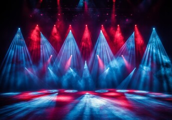 Sticker - A sequence of spotlights moving in sync across the stage, illuminating different areas in a rhythmic pattern, evoking a sense of performance energy