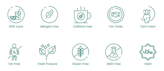 Sticker - Illustration Icons of 100% Juice, Allergen-Free, Caffeine-Free, Farm-Fresh, Fat-Free, Fresh Produce, Gluten-Free, GMO-Free, Halal