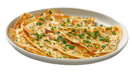 Detailed shot of crispy chinese scallion pancakes topped with vibrant green onions, served on a clean white plate against a clear background