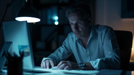 Poster - a businessman is working late in a dimly lit office, with the glow of the computer screen illuminating his face. The office is quiet and calm, with documents and notes spread out on the desk