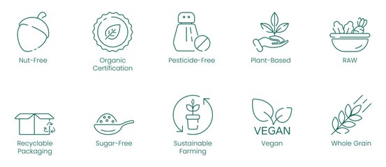 Sticker - Illustration Icons of Nut-Free, Organic Certification, Pesticide-Free, Plant-Based, Raw, Recyclable Packaging, Sugar-Free, Sustainable Farming, Vegan, Whole Grain