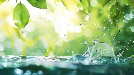 Poster - Water Droplets Splashing into Clear Water with Green Leaves