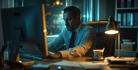 Poster - a businessman is working late in a dimly lit office, with the glow of the computer screen illuminating his face. The office is quiet and calm, with documents and notes spread out on the desk