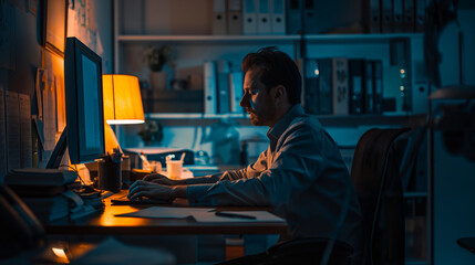Poster - a businessman is working late in a dimly lit office, with the glow of the computer screen illuminating his face. The office is quiet and calm, with documents and notes spread out on the desk