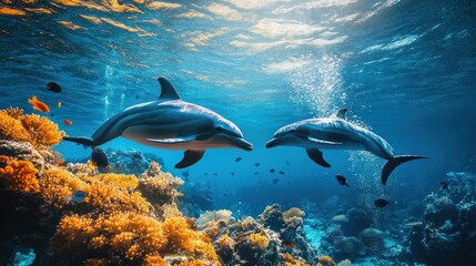 Two Dolphins Swimming Through a Coral Reef