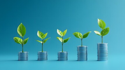 Growth concept image showing plants growing on increasing stacks of coins over a blue background representing investment, financial growth, and prosperity.