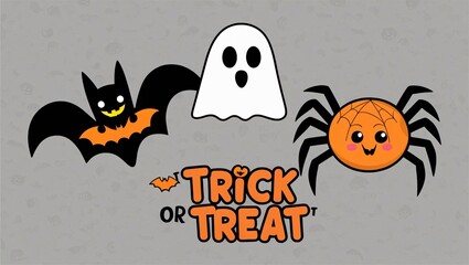 Halloween background with cute spider, ghost and bat 