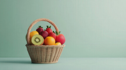 Wall Mural - Fresh, ripe, colorful fruits (apples, oranges, pears) in a wicker basket, perfect for a healthy snack or diet