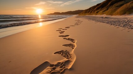 Photo of a sandy beach with footprints in the sand at sunset

