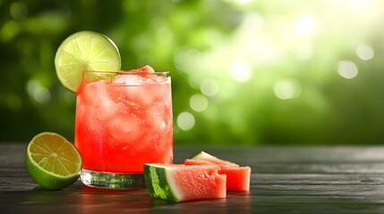 Wall Mural - Watermelon Lime Cooler, Watermelon cubes and lime slices floating in a chilled watermelon juice or soda water mix.