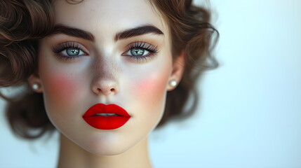 beautiful female face with bright red lipstick on her lips. portrait of a girl with parted lips. bri