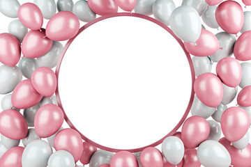 Poster - Pink and white balloons forming a circular frame on a white background. Perfect for birthday or celebration event templates and designs. 3D Rendering