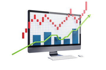 Fototapete - Computer monitor showcasing red candlestick chart, blue bar graph, and green upward trend line on white background. Concept of financial growth. 3D Rendering