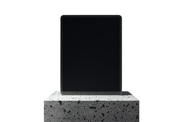 Canvas Print - Digital tablet with a blank screen on a terrazzo cube podium, isolated on white background. Modern device presentation concept. 3D Rendering