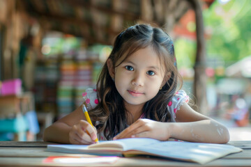 Young woman deeply engrossed in her studies, writing notes from a book in a dimly lit room.