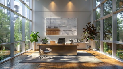 Wall Mural - Modern office room with clean lines, modern art, and plenty of natural light Realistic Octane