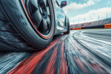 Close up of a car tire on a race track with motion blur.