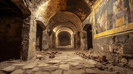 A forgotten underground marketplace with collapsed stalls and faded murals