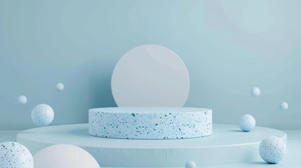 Poster - A light blue terrazzo podium is showcased, with spheres floating in a serene and minimalist environment