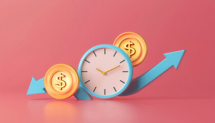 Illustration of time management with clock and coins showing financial growth. Perfect for business and productivity themes.