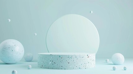 Poster - A light blue terrazzo podium is displayed with spherical elements in a serene, minimalist environment ideal for creative presentations