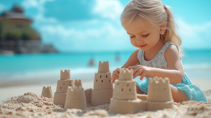 little girl building sand castle on the sea beach in the summer