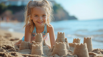 Wall Mural - little girl building sand castle on the sea beach in the summer