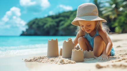 Wall Mural - little girl building sand castle on the sea beach in the summer