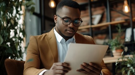 Black Man in a Brown Blazer Reading a Tablet