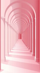 Poster - A tranquil hallway features a series of pink arches that create an inviting path into the heart of a minimalist space