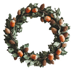Wall Mural - autumn wreath with pinecones and acorns, cut out - stock png.