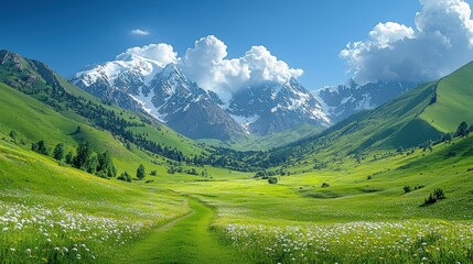 Canvas Print - Stunning Alpine Meadow with Snow-Capped Mountains and Blue Sky on a Sunny Day ,  landscape in Kyrgyzstan