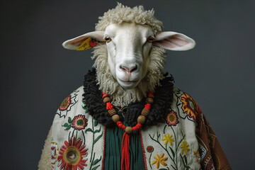 Wall Mural - Generated with AI image of animal character sheep wearing ukrainian traditional clothes